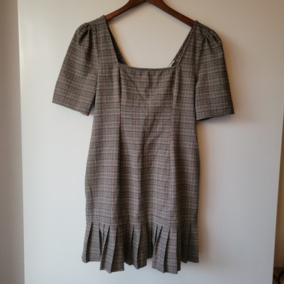 BCBGeneration Mini Dress Womens 12 Beige Black Plaid Ruffle Square Neck Preppy