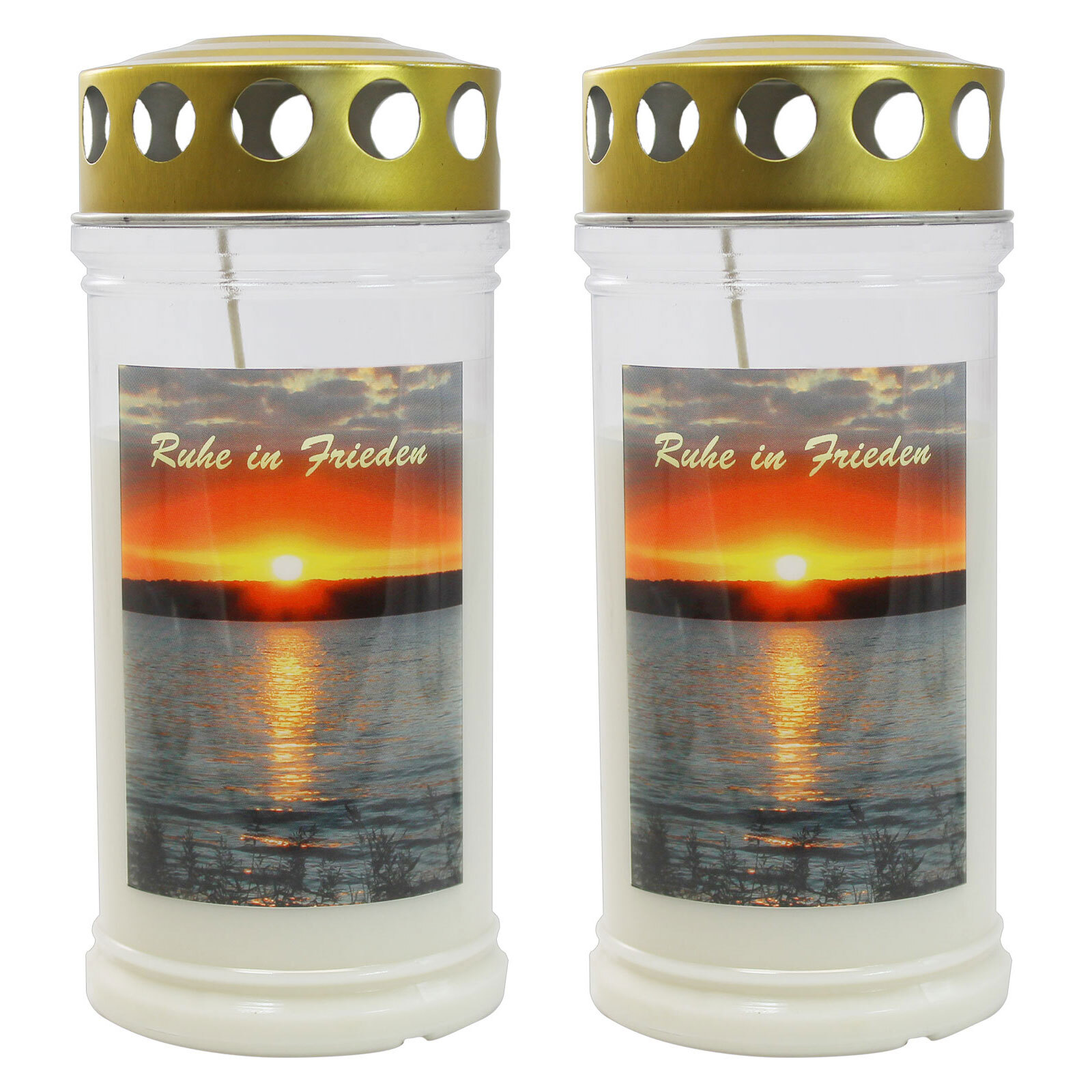 Gedenkkerze mit Bild "Sonnenuntergang-Ruhe in Frieden" 2 Stück