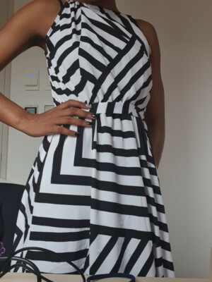 blue dress for baby girl Black & White Striped Long Sleeve Knit Mini Dress Black & White / 10 main image 1