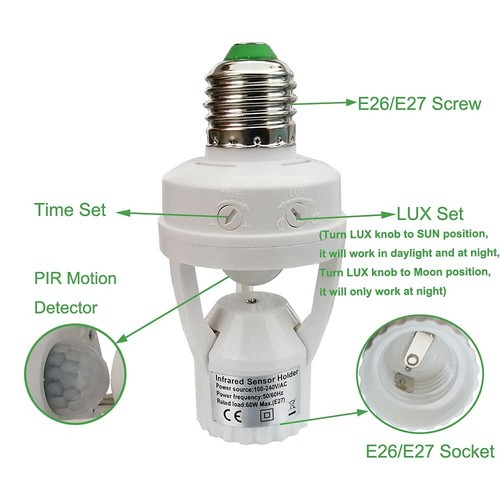 Sensore Movimento Luce Base E26/E27 Smart Lampadina Supporto Adattatore Veranda Stoccaggio - Foto 2 di 8