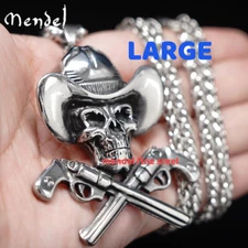 MENDEL Large Men 30 Inch Stainless Steel Chain Skull Cowboy Gun Pendant Necklace