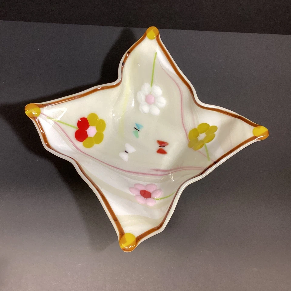 Tazón de plato de caramelo floral de vidrio colorido estudio de arte fundido/único en su clase Foto 3 de 4