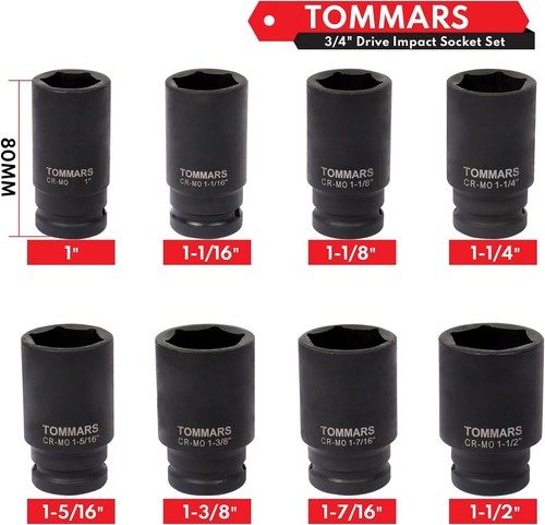 3/4 Inch Drive Impact Socket Set, 8-Pc SAE 1" to 1-1/2" Deep Jumbo Impact Soc... - Picture 2 of 5