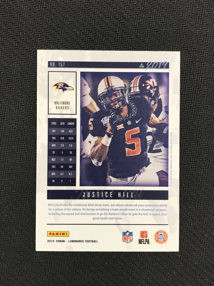 2019 Panini Luminance #157 Justice Hill Rookie Red /10 Baltimore Ravens - Image 2 of 2