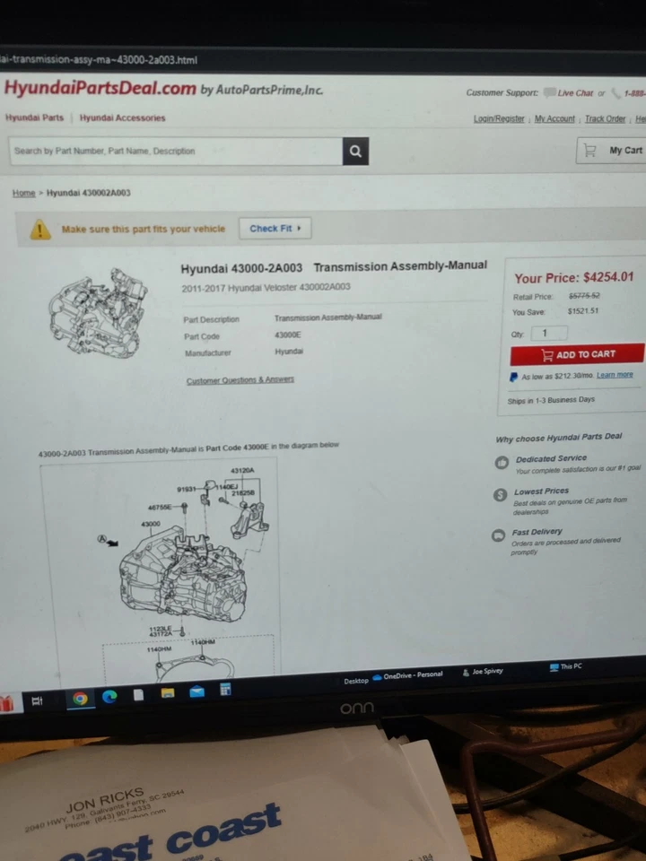NUEVO EN CAJA Conjunto Transmisión-Manual 2011-2017 Hyundai Veloster 43000 2A003 Foto 4 de 4