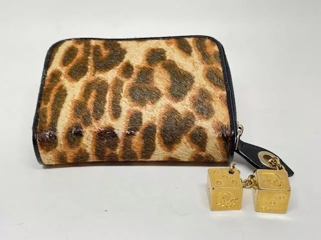 Portefeuille Dior marron/noir léopard poil de veau joueur dés zippé par John Galliano