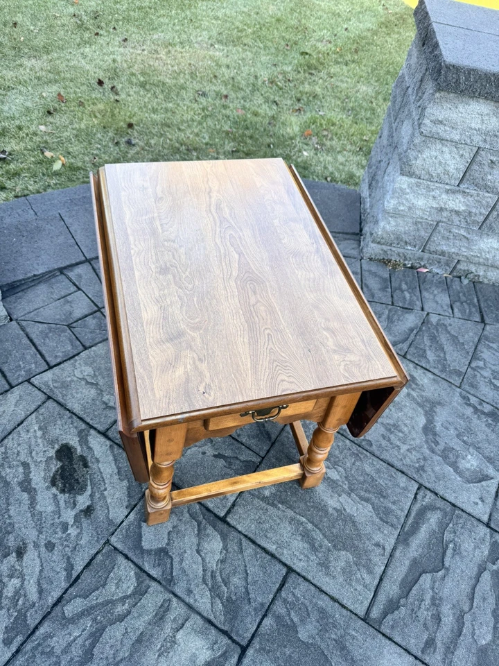 Vintage Ethan Allen Nutmeg Maple Drop Leaf Table with Drawer L34.5xW27xH24.5” - Image 3 of 4