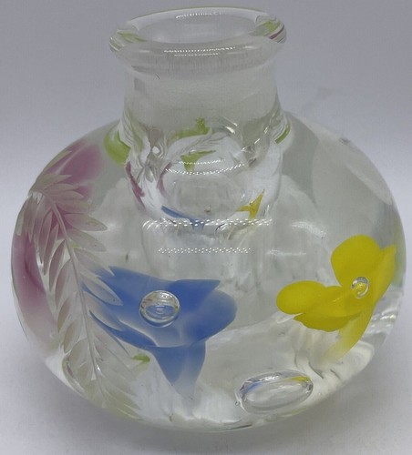 Joe Rice 97 Candle Holder Paperweight Signed Jim Etched Glass & Trumpet Flowers - Picture 4 of 11