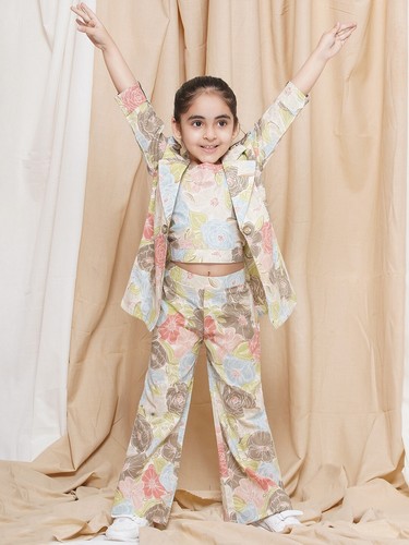 Indian Girls Party Wear Top Pant and Jacket Cotton 3 Pc Clothing Set For Girls - Picture 12 of 45