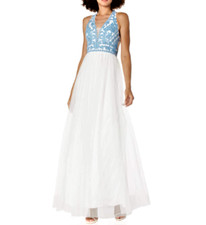 BLONDIE NITES JR's SIZE 8 White Blue Formal Evening Prom Wedding Party Gown Mesh