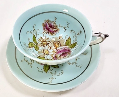 Paragon Light Green/Blue Silver Gilt Floral Teacup And Saucer England Marks READ