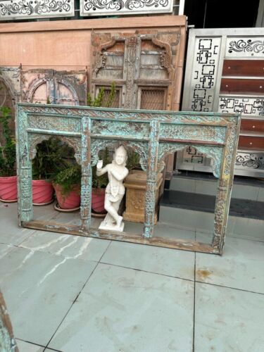 Antique Old  Wooden Hand Carved Rustic Green 3 Window Arch Mirror Frame Jharoka - Picture 1 of 17