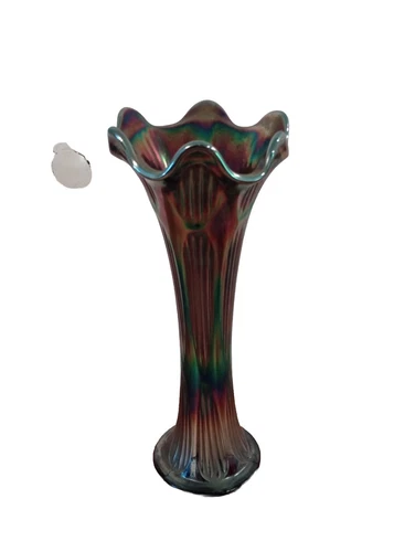 Vintage Fenton Diamond & Rib Blue Carnival Glass Swung Vase Apprx 11” Mcm Decor