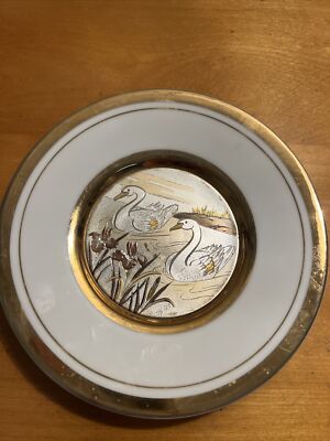 24K Gold Edge Chokin Dish-Japan-Swan Scene, Etched Copper/Gilded Silver&Gold VTG