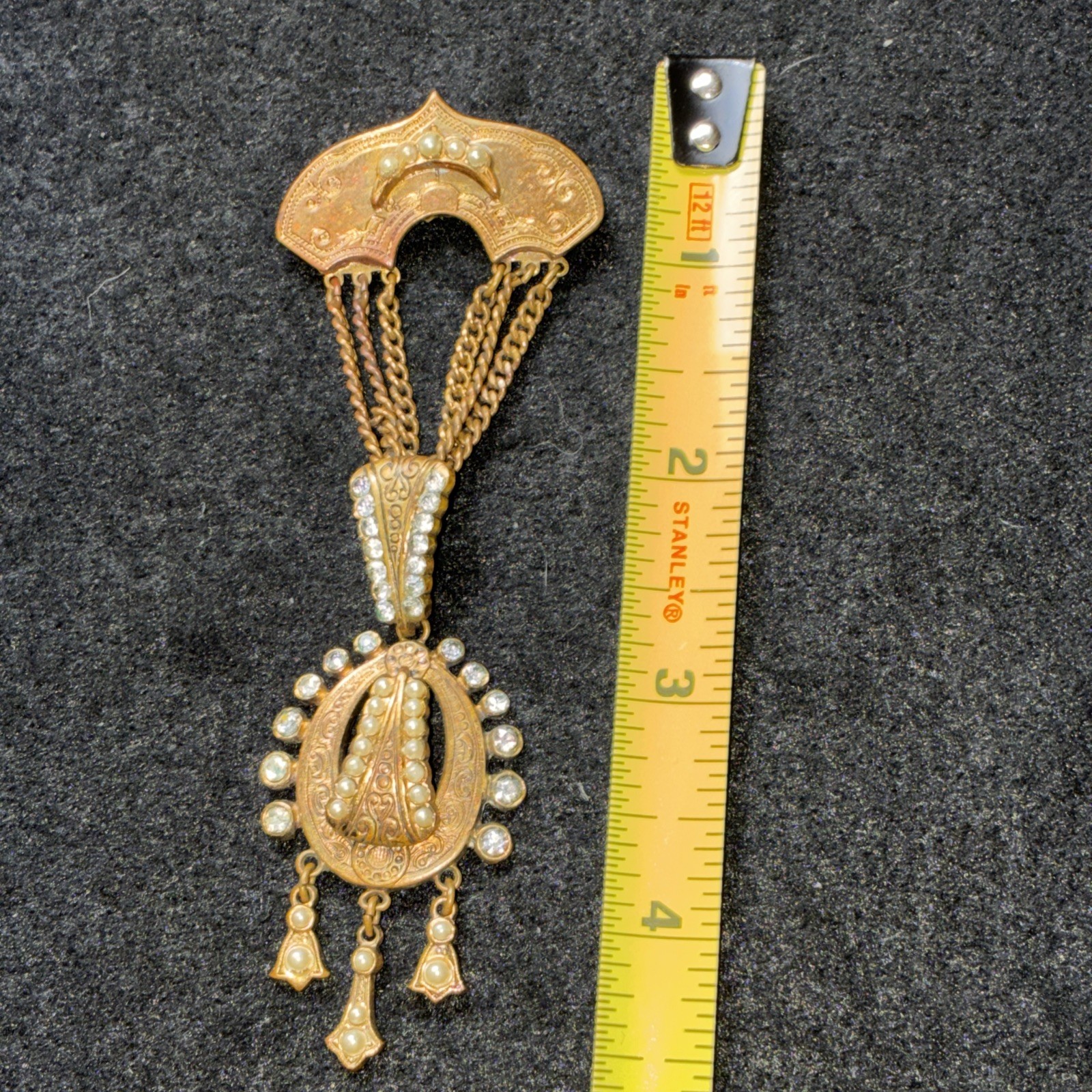 Vintage Victorian Revival Festoon Brooch Pendant Pearl Paste Brass Necklace