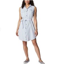 Columbia PFG Sun Drifter Woven Striped Sleeveless Collared Dress Pockets Size L