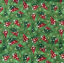 Vintage Christmas Indygo Junction Red Rooster Polka Dot Xmas Trees Green 44” BTY