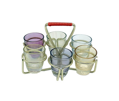Vintage Mid-Century 6 Gläser im Metallträger Pastellfarben Likörgläser 50er 60er