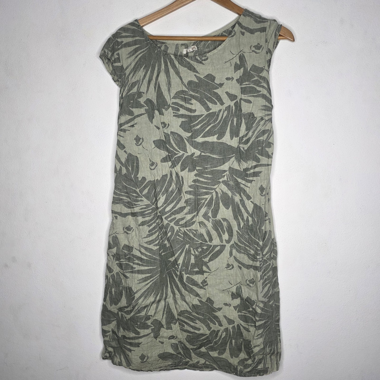 Lina Tomei Green Leaf Pattern 100% Linen Dress Women's Size XL