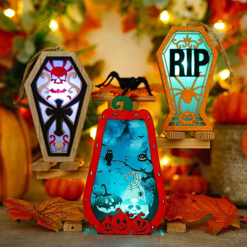Spooky Halloween Luminous Coffin Pendant with Spider Pumpkin Skeleton Decor