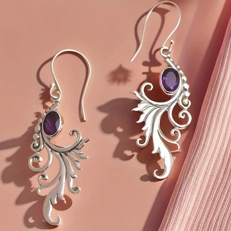Women's Alloy Earrings Purple Artificial Crystal Phoenix Pendant Earrings - Image 2 of 4