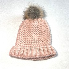Pink Chunky Knit Beanie Hat Winter Warm Faux Fur Pom One Size Trendy Cozy Casual