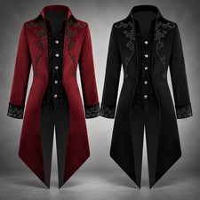 Mens Burgundy Tailcoat Jacket Gothic Steampunk Victorian Vintage Halloween Costu