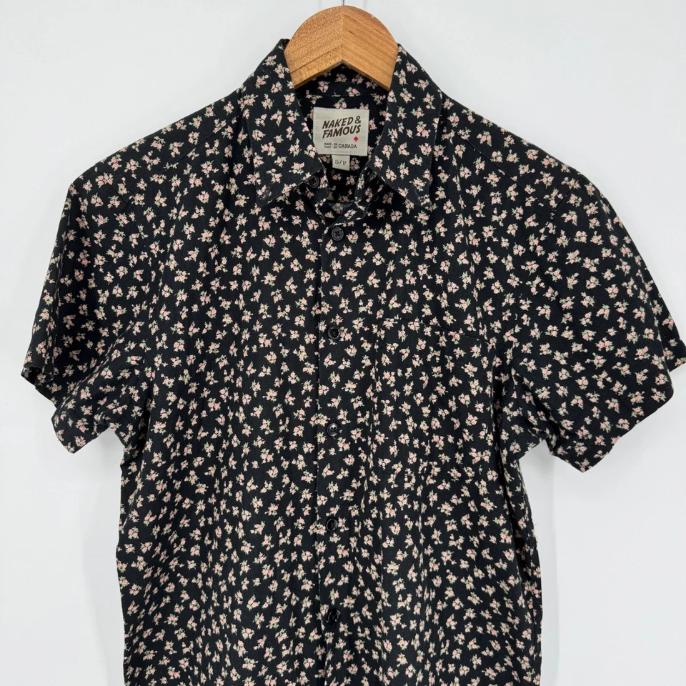 Naked & Famous Mens Floral Print Short Sleeve Shirt Black Made in Canada Small - Image 2 of 4