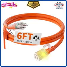 HUANCHAIN 12/3 Gauge Heavy Duty Outdoor Extension Cord 6 Ft Waterproof with Ligh