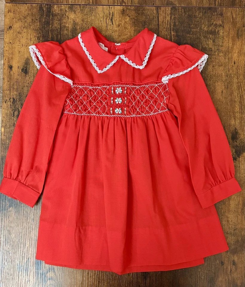 Vestido Vintage Polly Flinders Rojo Calado con Detalles Florales Blancos Talla 4 Foto 2 de 4