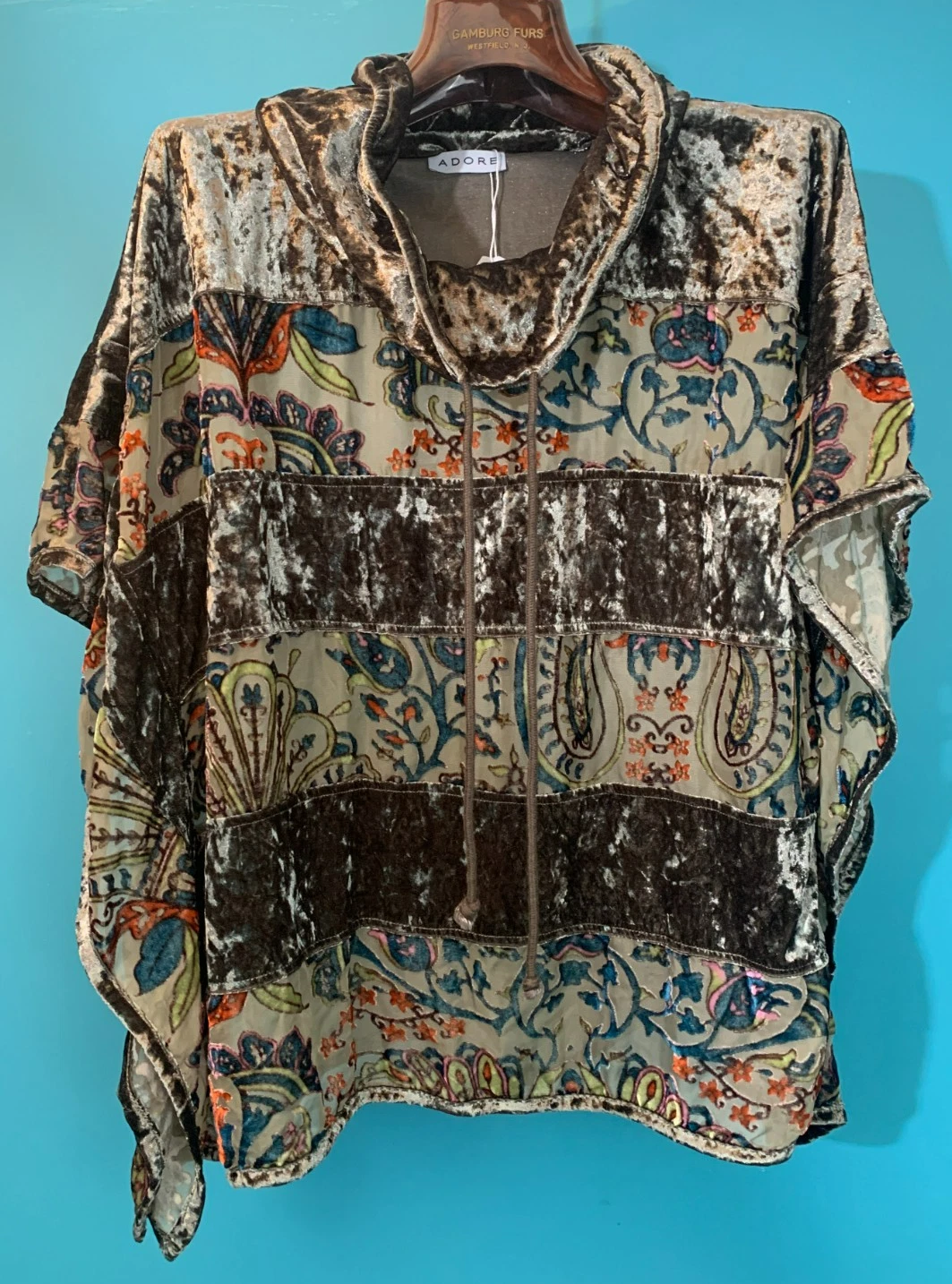 Adore Women's Boho Embroidered Velour Relaxed Poncho Top - Size Small, Green
