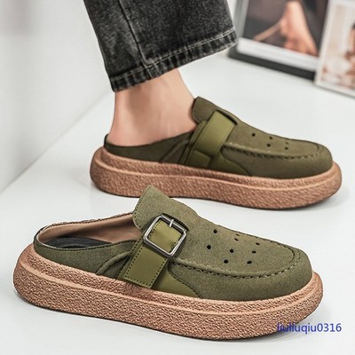 Men Faux Suede Cut Out Flat Heels Slipper Round Toe Causal Sandals Shoes Slip On