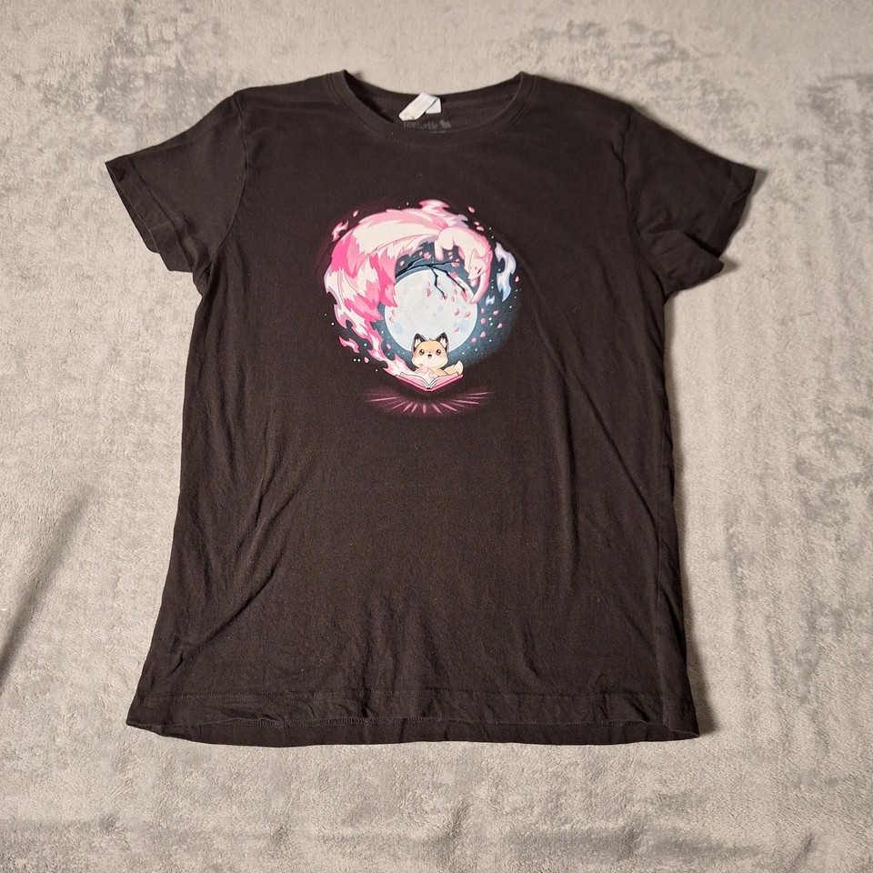Anime Manga T-Shirt Cat Fox Pink Fire Yin Yang Style Black Tee Women's Size 2XL 