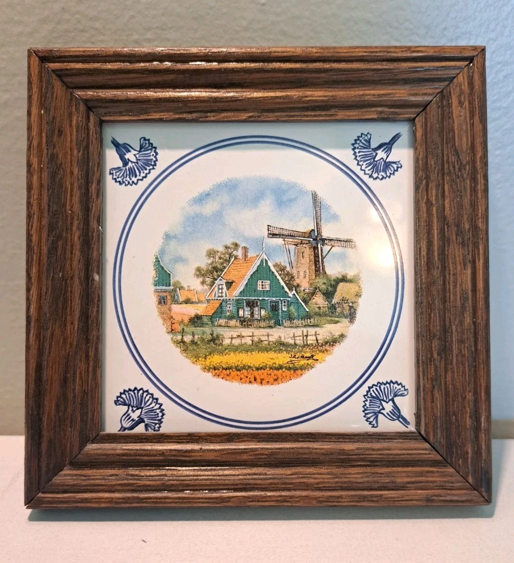 Vintage 1980s Dutch Holland Handmade Windmill Tile in Wood Frame