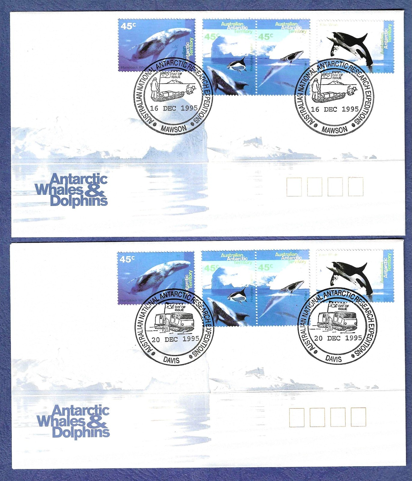 1995 Australian Antarctic Territory FDC "Whales & Dolphins" issue 4X cancels