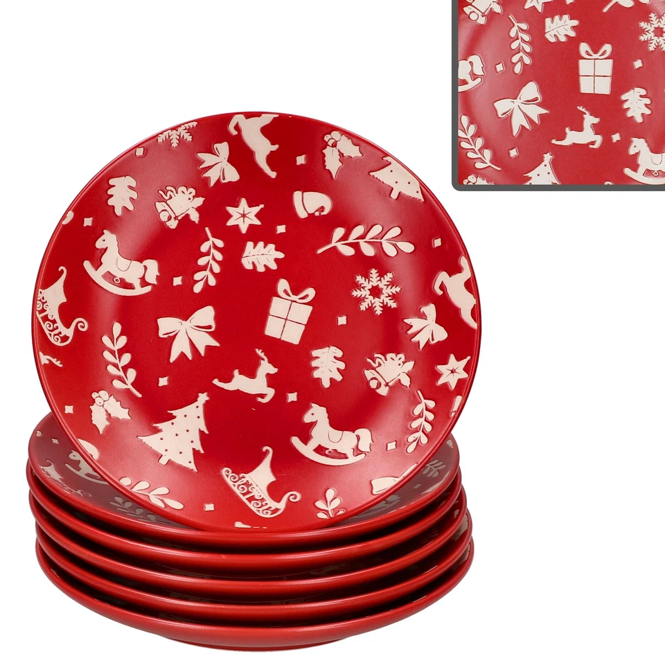 6er Set Advent Kuchenteller Ø20cm Steingut Rot Creme Weihnachten Dessert Gebäck - Bild 2 von 4