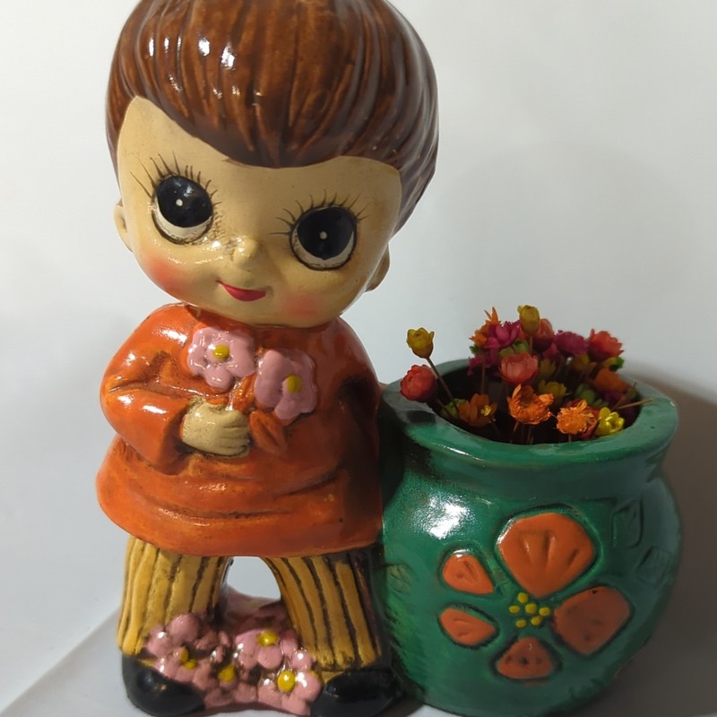 Lefton Josef originals Hand Painted Ceramic boy Figurine w/ Flower Pot Planter