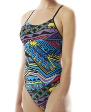 TYR Womens Whaam Cutoutfit Colorful Athletic One-Piece Swimsuit, Multi, 34