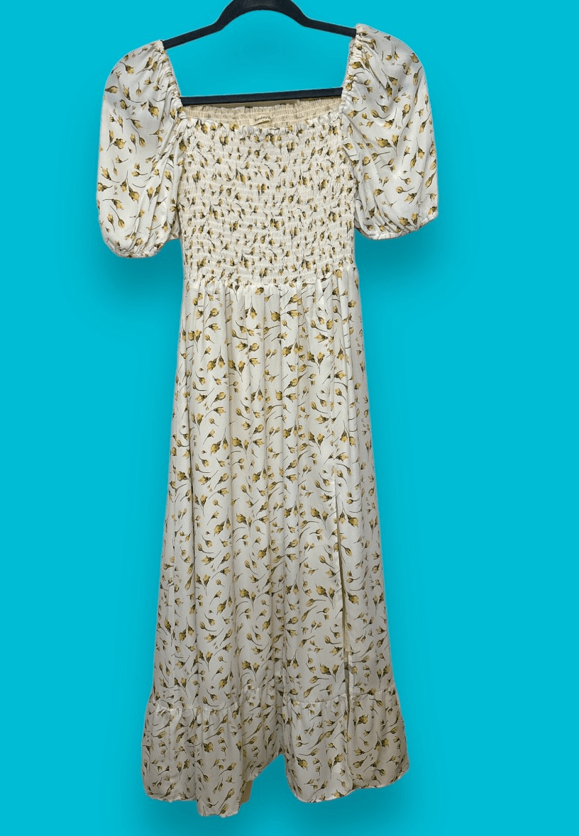 Sunday Up Size L Summer Peasant Dress Floral Cold Shoulder Side Slit White