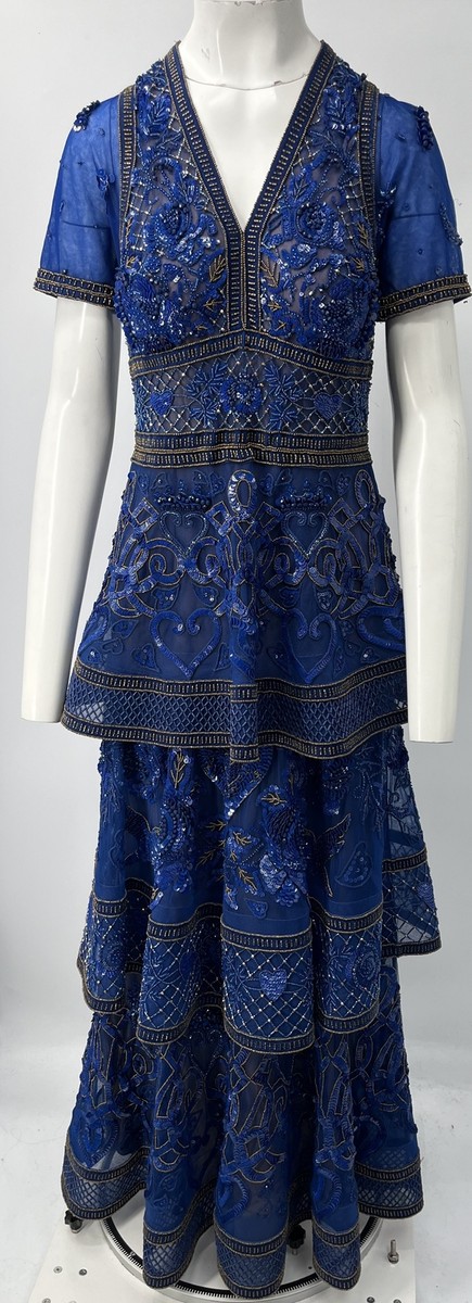 Elie Saab DAMAGED/ALTERED Blue V-Neck Sequin Embellished Tiered Gown sz  42/XS | eBay