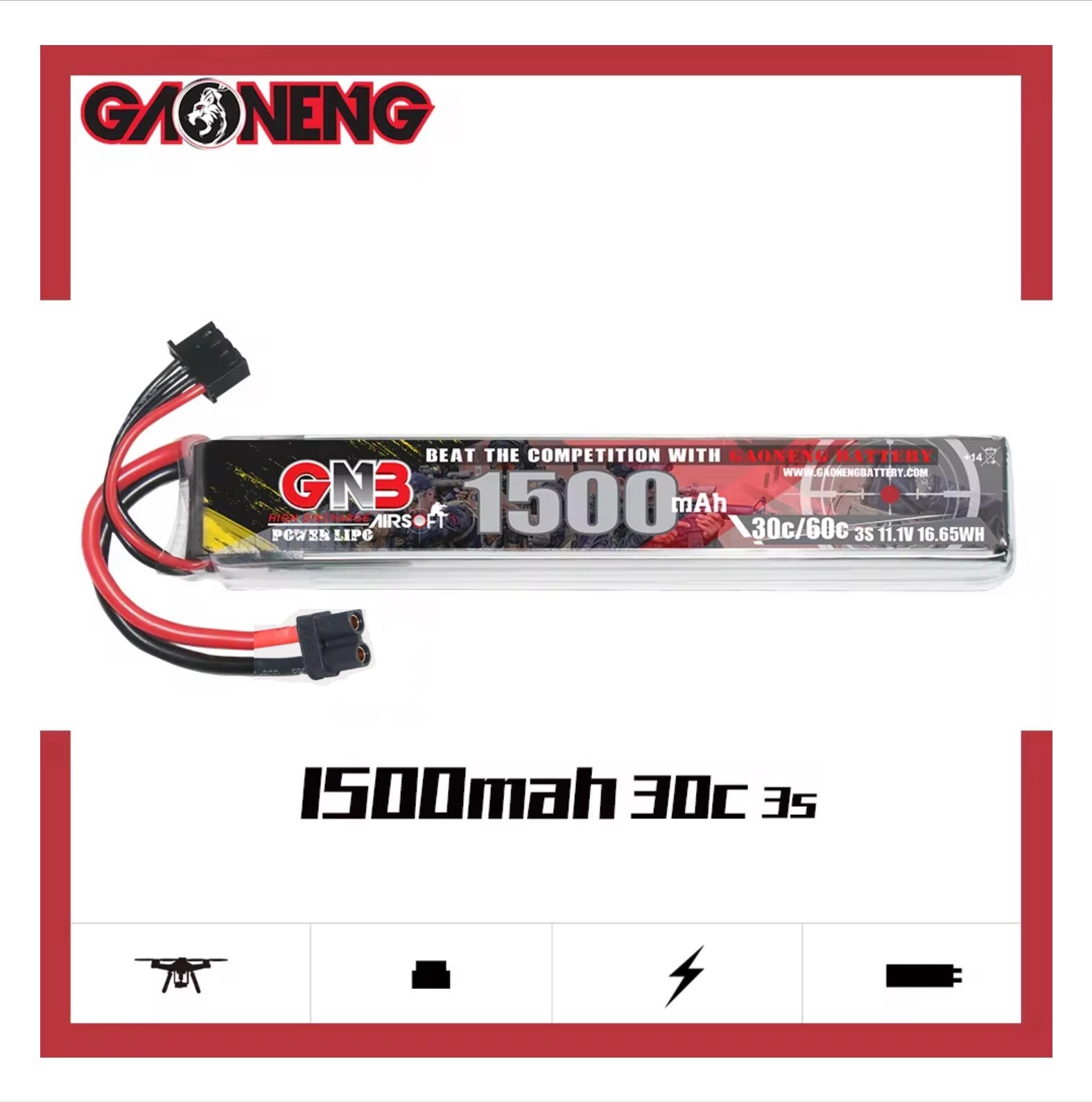 Gel Blaster Airsoft Battery 3s 11.1V LiPo 1500mAh 30C/60C XT