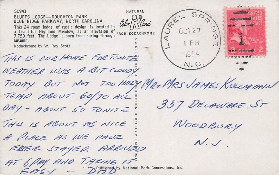 Bluffs Lodge NC Doughton Park Blue Ridge Parkway Log Cabin Vtg Postcard