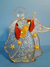 Christmas Silver Plated Stained Glass Angel Votive Candle Holder Gold Stars A4 