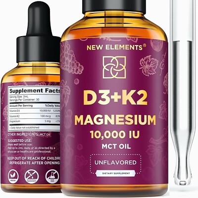 Liquid Vitamin D3 K2 10000IU with Magnesium Glycinate 5mg | Vit D3 K2 Drops for