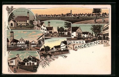 Lithographie Langerringen, Panorama, Östliche Hauptstrasse, Hauptstrasse mit Ki 