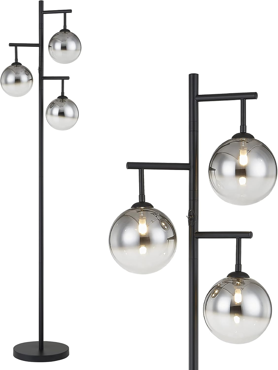 Black Industrial Tree Floor Lamp with 3 Glass Shades for Living Room
