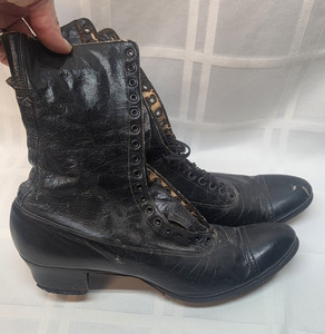 Atq Victorian Edwardian Black Leather Laced Boots Red Cross Krohn Fechheimer Sz9