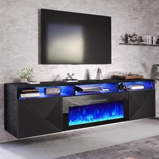 80in Floating TV Stand 40" Electric Fireplace Wallmount Black Gloss Doors 90" TV