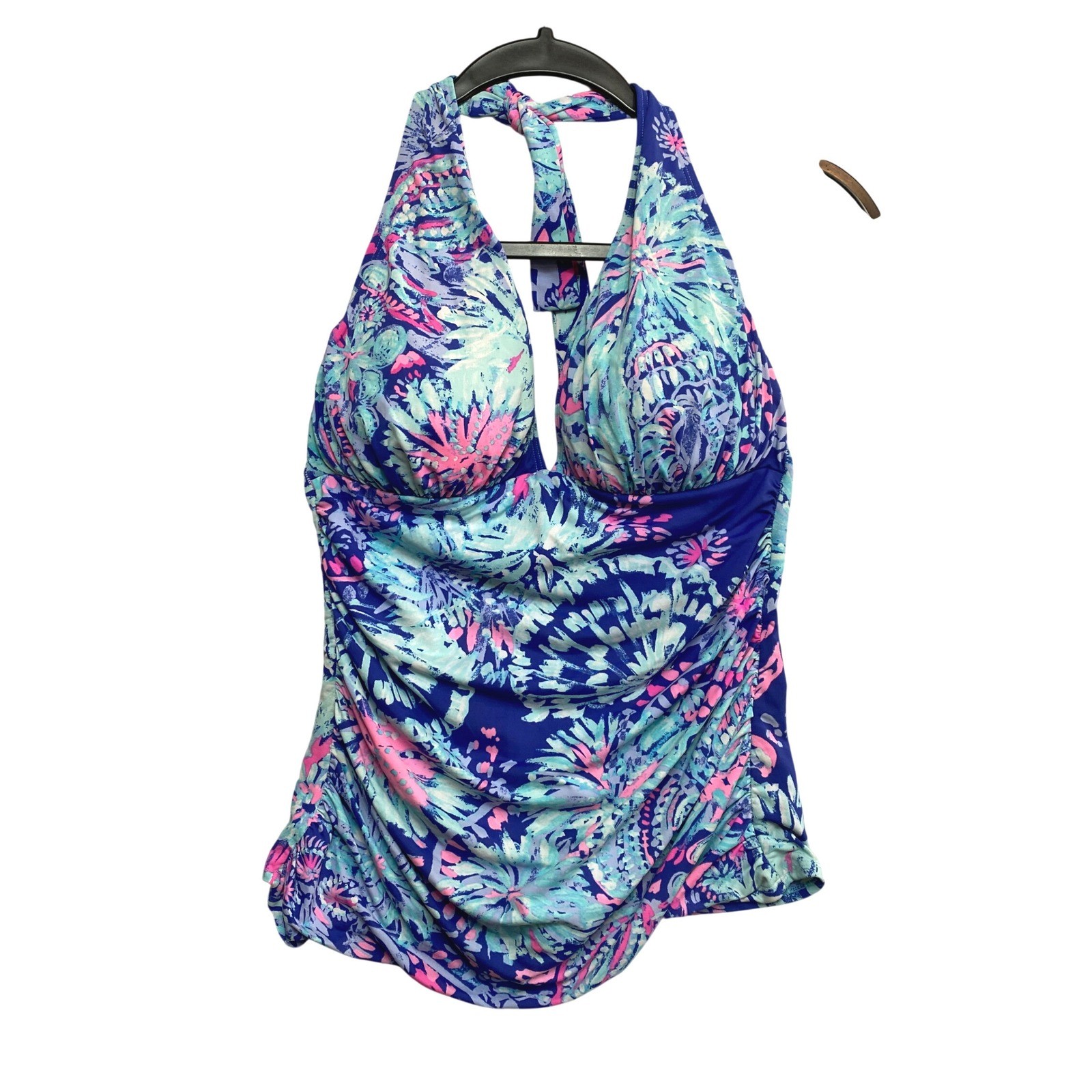 Lilly Pulitzer Tankini Womens 6 Blue Tropical Floral Ruched Halter Swim Top
