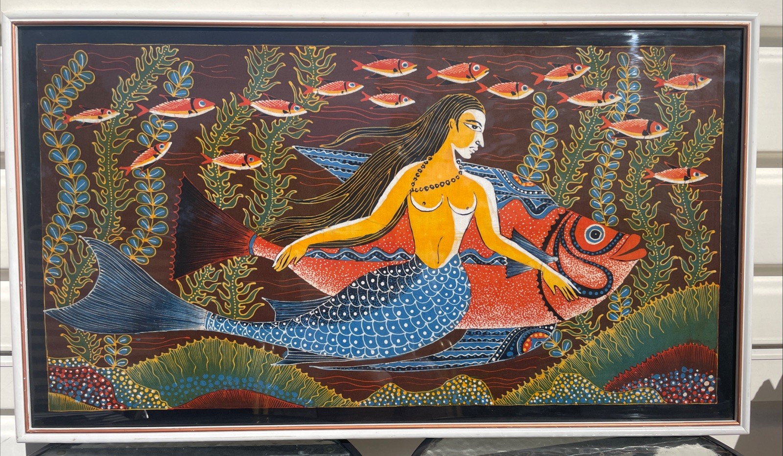 Mermaid With School Of Fish Ocean LARGE Framed Batik Folk Art Painting Vintage